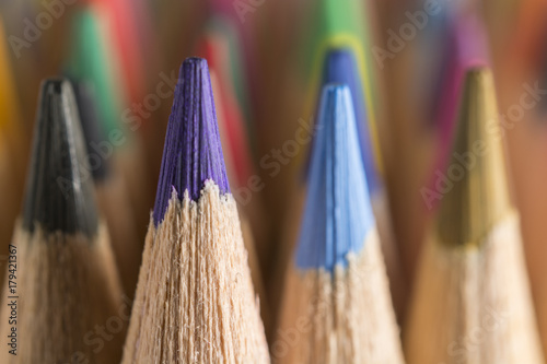 Colored pencils of various colors, close up