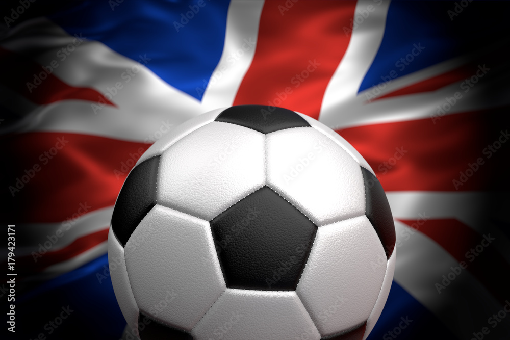 Soccer ball against UK flag 3D illustration Soccer ball against UK flag 3D illustration