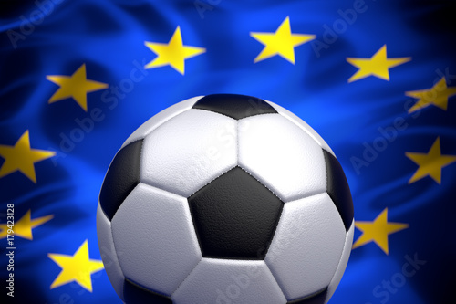 Soccer ball against EU flag 3D illustration