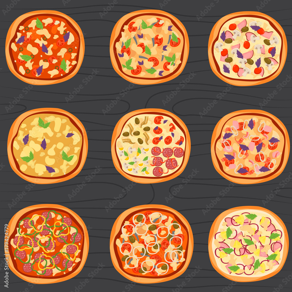 Set of different pizza color flat icons on wood background Set of different pizza color flat icons on wood background