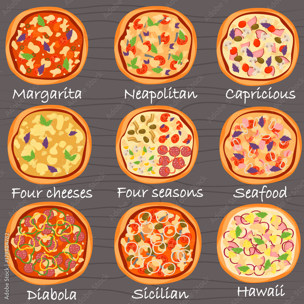 Set of different pizza color flat icons on wood background Set of different pizza color flat icons on wood background