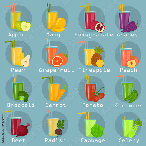 Set of different fruits and vegetables color flat icons set