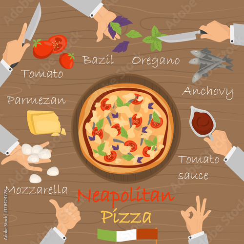 Neapolitan recipe pizza constructor on broun wood background