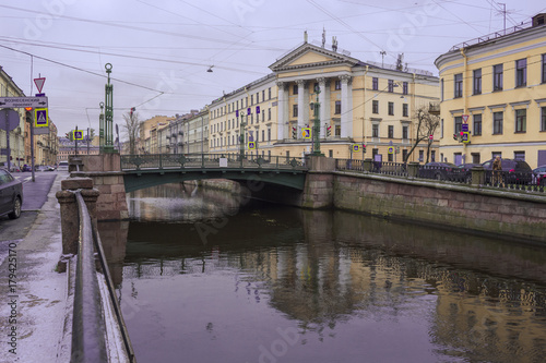 Ascension Bridge on the Griboedov Canal in St. Petersburg on a cold autumn day. The inscription on the index 