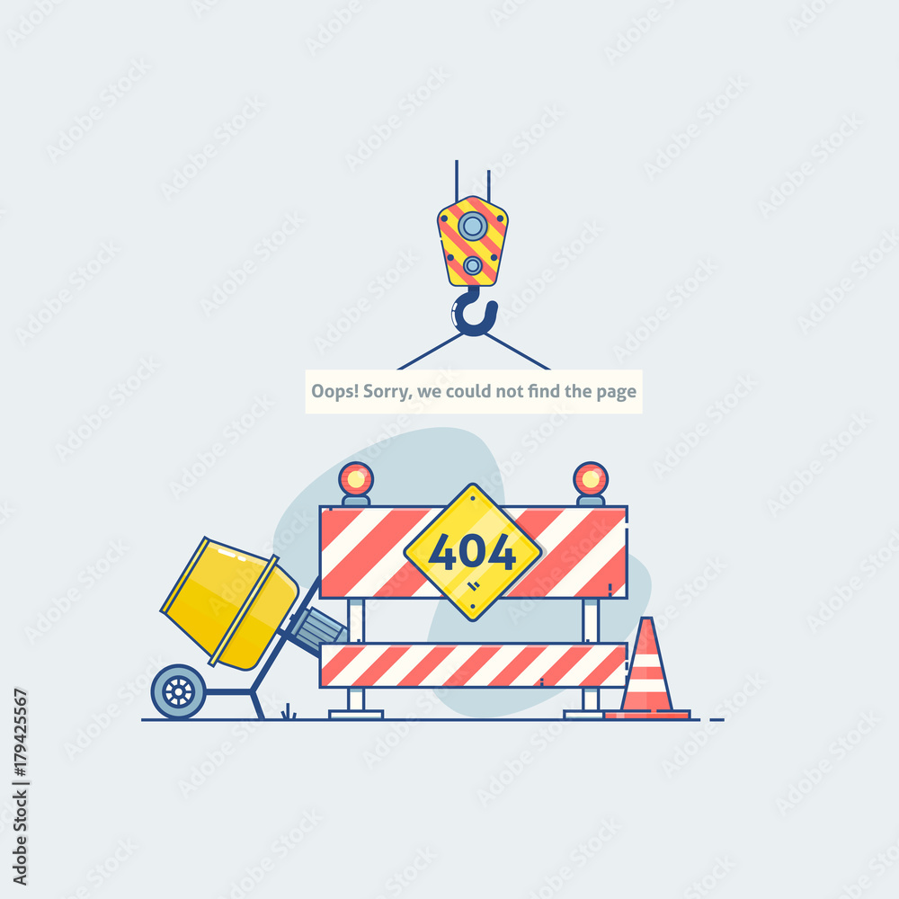 Naklejka premium Error 404 page with road construction signs.Page is lost and not found message. Template for web page with 404 error. Modern line design.