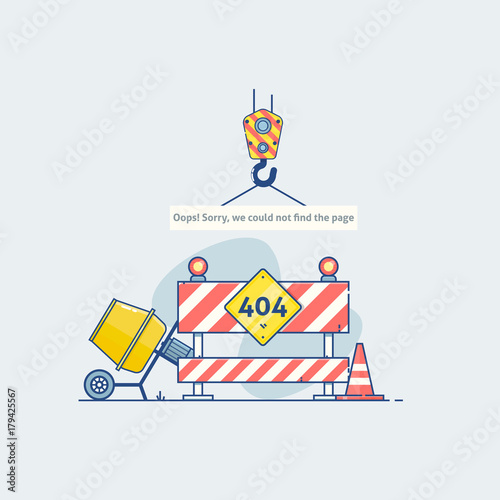 Error 404 page with road construction signs.Page is lost and not found message. Template for web page with 404 error. Modern line design.