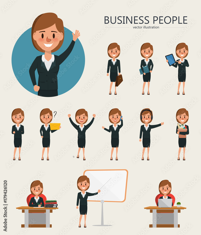Set of Business woman character design. Cartoon vector in job.
