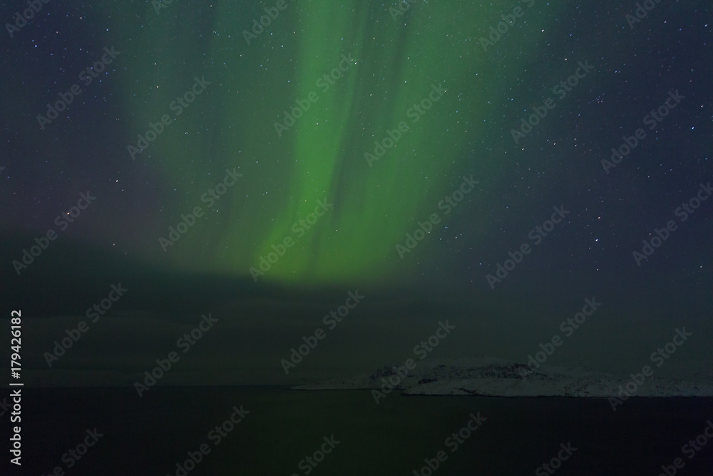 Aurora Borealis (Northern Lights) above coastal sea