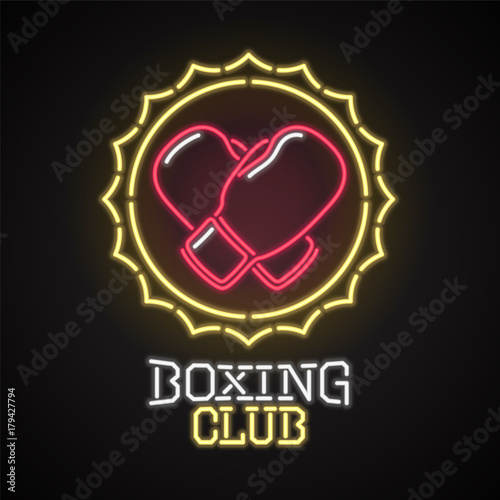 Vector logo, design element for boxing club with neon lights sign