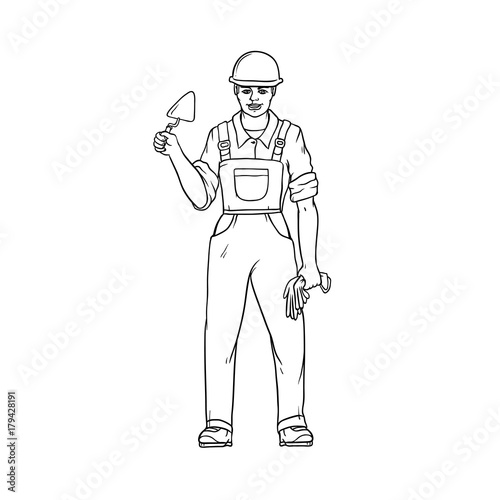 Male builder in overalls, hard hat, trowel and gloves in his hands. Worker in construction. People of professions. Vector black sketch of realistic illustration.