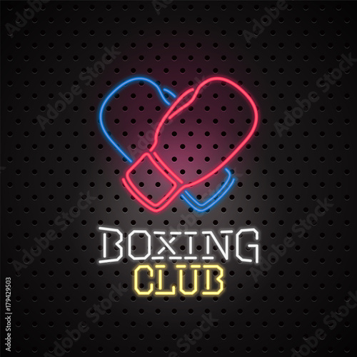Neon sign for boxing club vector logo, emblem