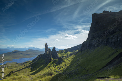 beautiful and unique old man of storr rock in isle of skye, scotland on sunny day