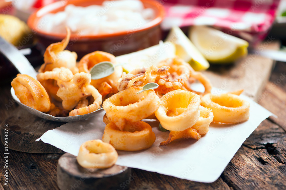 Fresh Fried Calamari. Mediterranean squid