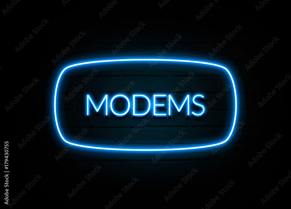 Modems - colorful Neon Sign on brickwall Modems - colorful Neon Sign on brickwall