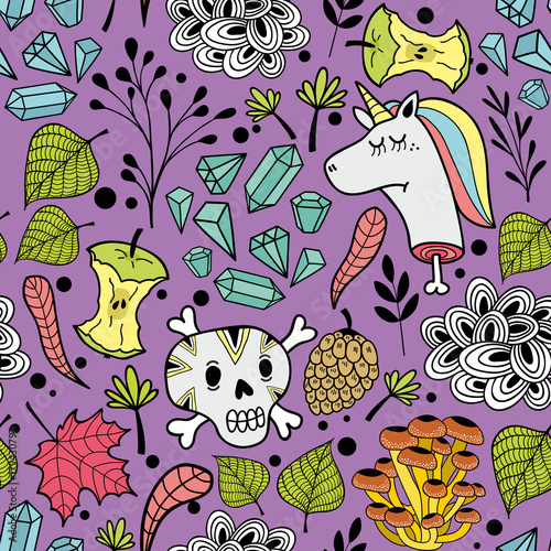 Colorful endless pattern with cartoon skull and dead unicorns. © Eka Panova