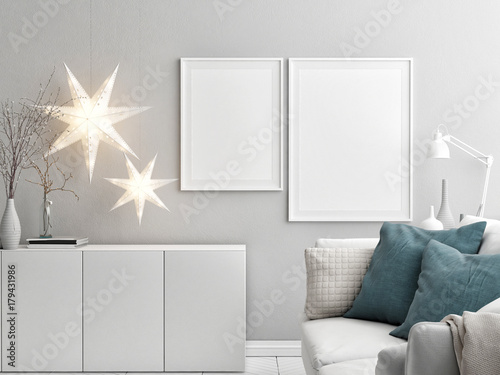Living room with mock up poster an Christmas decoration, 3d render, 3d illustration