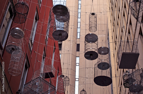 The canopy of birdcages suspended above Angel Place.