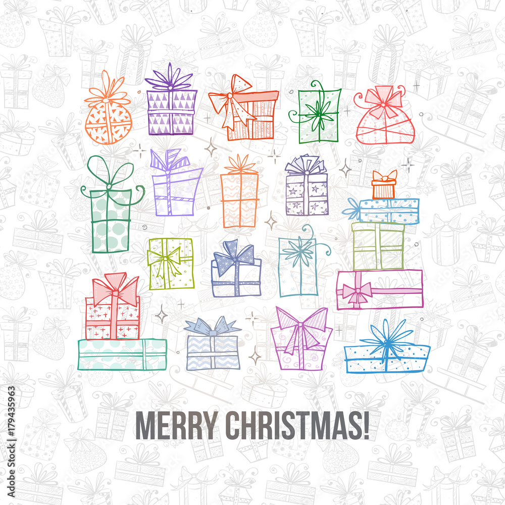 Greeting card with colored christmas doodle gift boxes. Vector illustration in simple style.