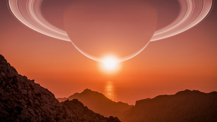 Crédence de cuisine Rouge view at Saturn from the moon Titan, alien landscape with methane ocean  © dottedyeti