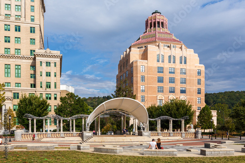 City Hall stands tall above Pack Square Park in Asheville, North Carolina