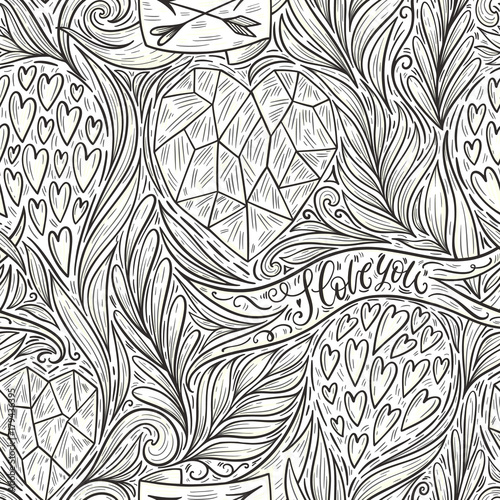 Hand drawn romantic doodle seamless pattern. Decorative hearts, leaves, branches, ribbon, banners, arrows, I love you hand lettering. Valentine's day background, vector illustration.