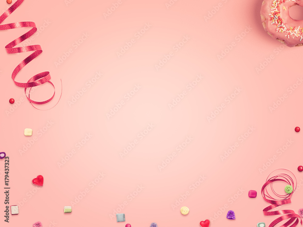 Birthday party background with sweets and ribbons