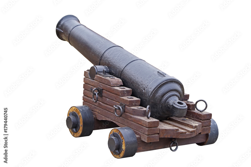 Old medieval artillery canon on white