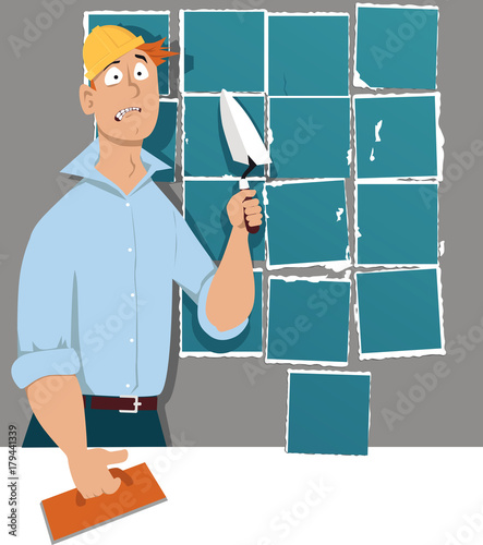 Man with a trowel and a tiling float standing in front of a wall with poorly laid tiles, EPS 8 vector illustration