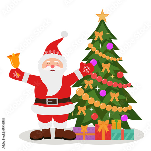 Decorated christmas tree with presents and Santa Claus.  Vector illustration. Flat design