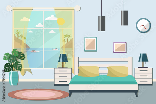 Hotel room with a sea view. Vector flat illustration