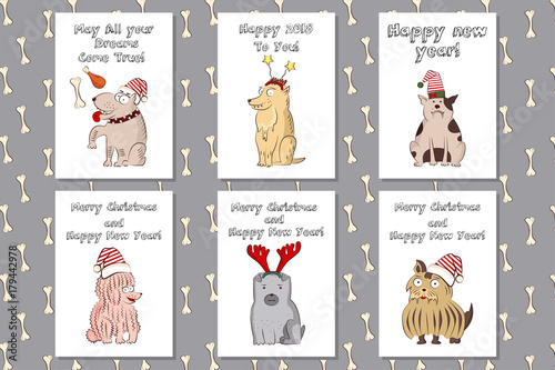 dogs in New Year's costumes. New Year symbol 2018. Greetind card with Christmas puppy on white background. Dog is Santa Claus. New Year's and Christmas. Post card. photo