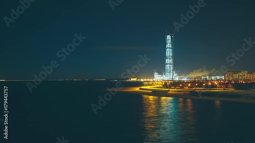 Timelapse panorama to the Lahta center at night