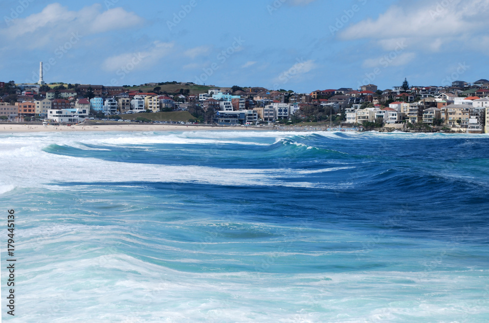 Bondi Beach coastline in Sydney, Australia. View from the boat
