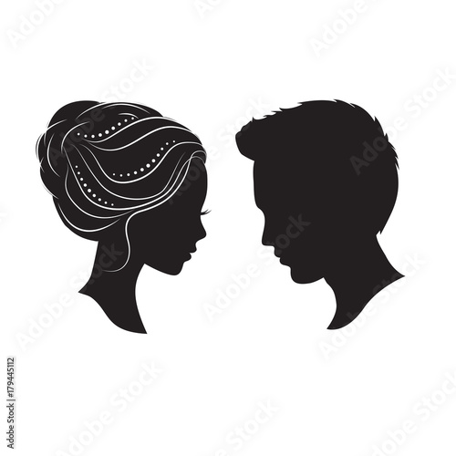  Silhouettes of beautiful  couple. They looking at each other eyes.  Invitation card.Hand drawn illustration isolated on white background.