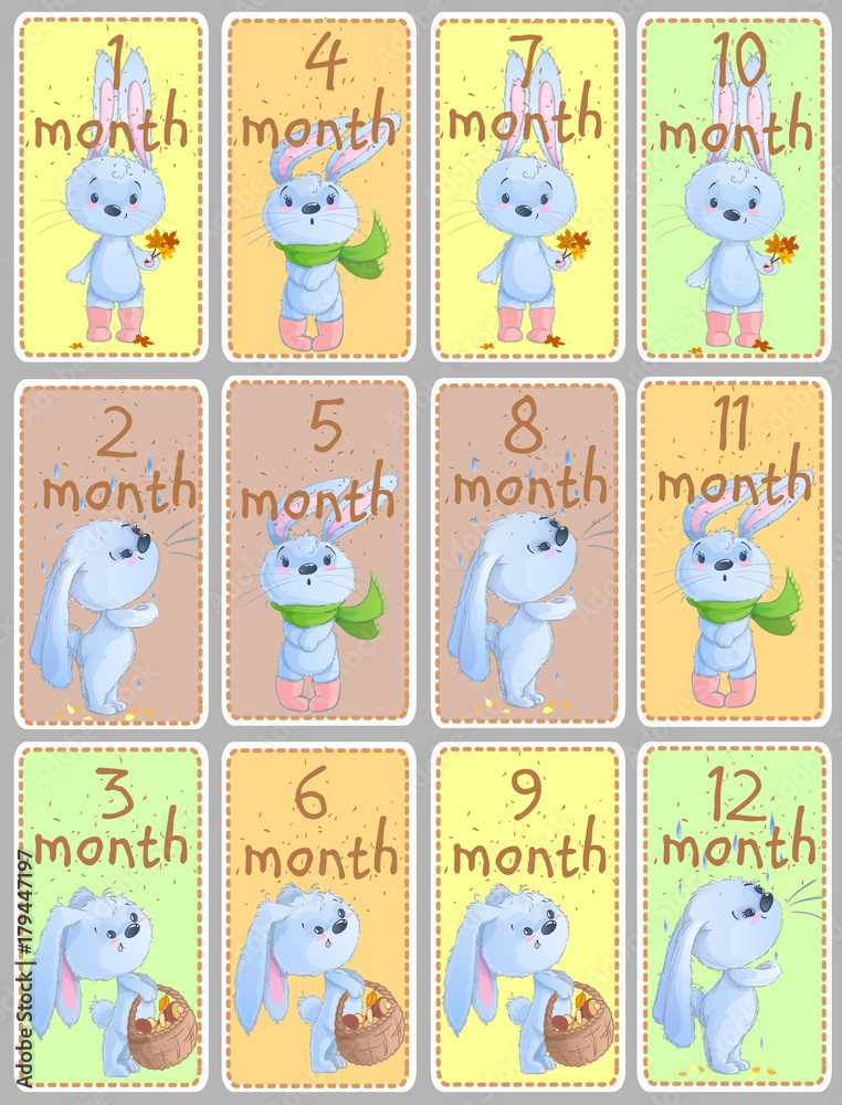 Fototapeta premium Set of month greeting labels with cute baby rabbits, baby animals, autumn theme, leafs, scarf for scrapbooking, baby clothing, stickers, games.