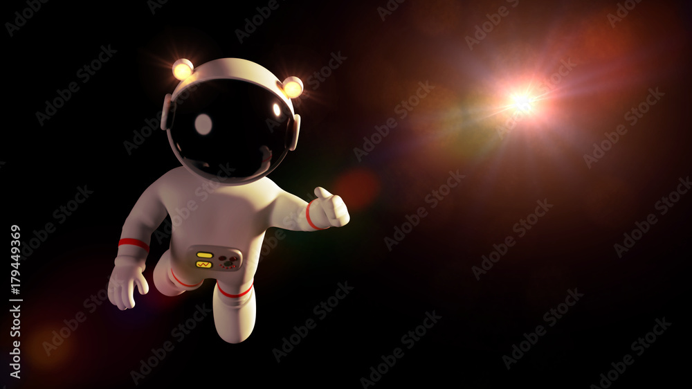 cute white cartoon astronaut in space suit flying in space lit by the ...