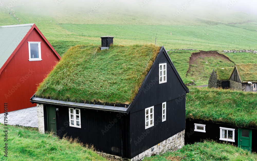 Fototapeta premium typical houses with the grass roof in the Faroe Islands