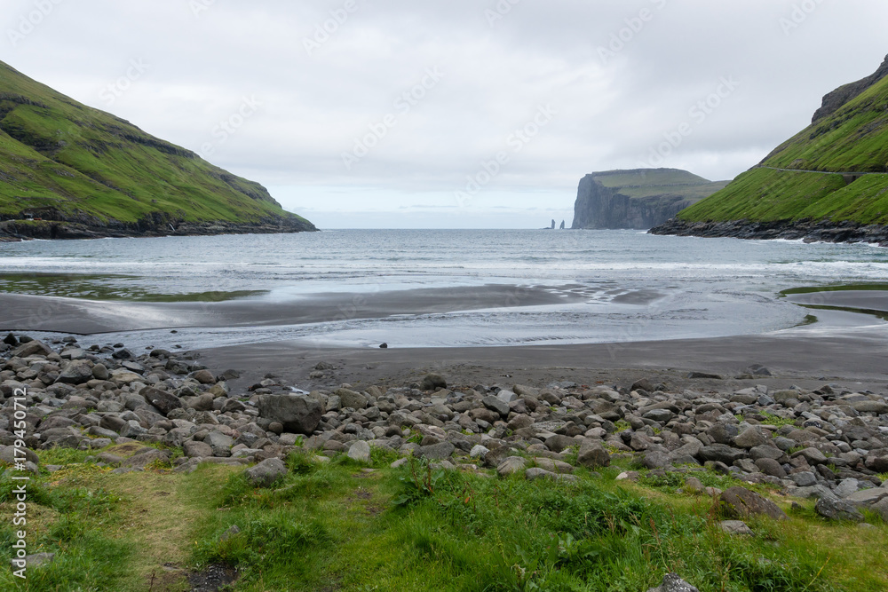 Risin and Kellingin, the giant and the witch,Eystruroy island, Faroe, view from Tjornuvik