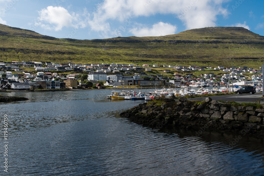 Klaksvik harbour with houses and boats on Faroe Islands