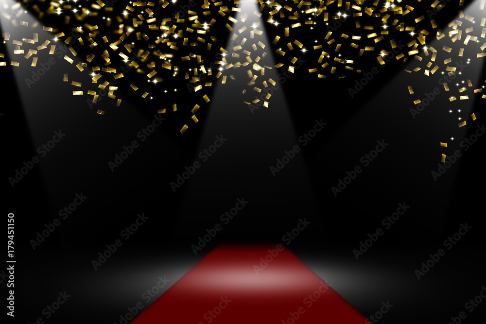roter teppich, goldenes konfetti, scheinwerfer, festlicher hintergrund  Stock-Foto | Adobe Stock