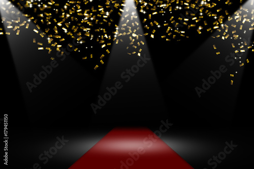 roter teppich, goldenes konfetti, scheinwerfer, festlicher hintergrund photo