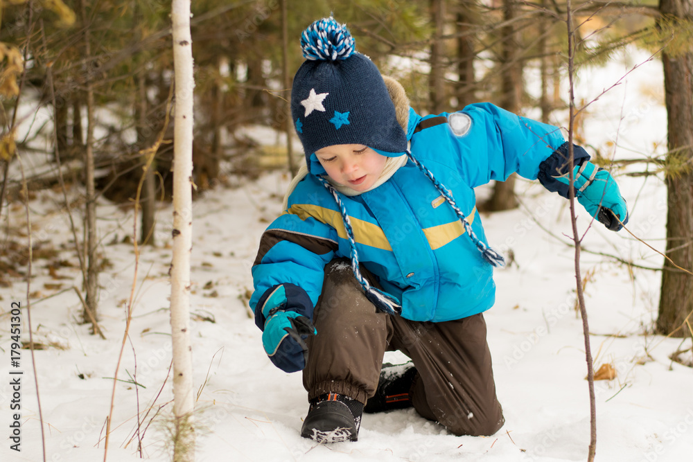 A child boy takes a walk in a winter forest (park) interested in twigs
