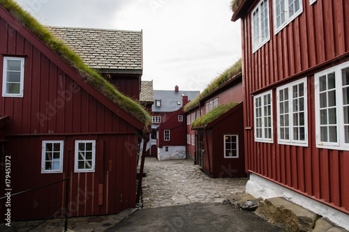 typical houses with the grass roof in the Faroe Islands