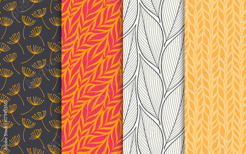Abstract decorative doodle nature seamless patterns set. Hand drawn linear and silhouette flowers, branches, leaves textures. Simple universal background. Vintage colors. Vector illustration