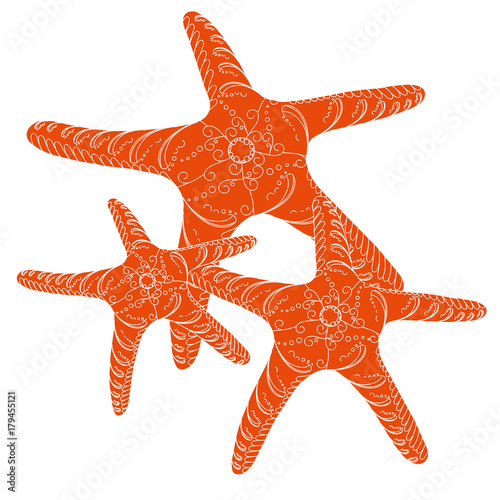 Hand drawn colorful red starfishes for coloring page and print, stock vector illustration