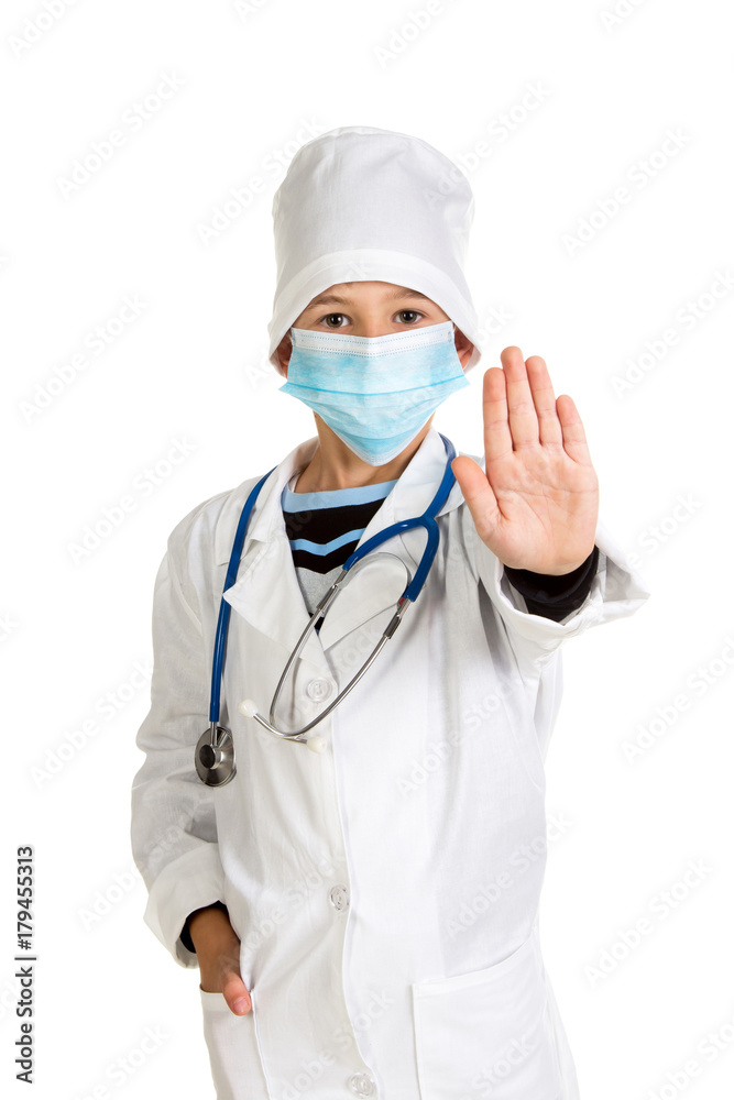 Doctor shows left hand stop sign Doctor shows left hand stop sign