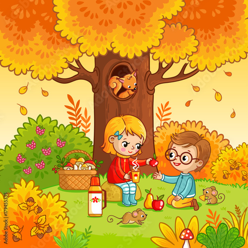 Picnic in the forest with children. Vector illustration with boy and girl who drink tea in cartoon style.