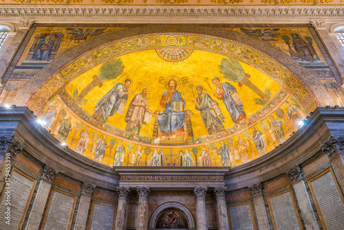 The golden apse of the Basilica of Saint Paul outside the walls in Rome, Italy.