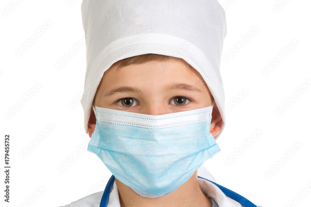 Doctor's portrait in the mask close up. Extremely accurate quality picture on the white background Doctor's portrait in the mask close up. Extremely accurate quality picture on the white background