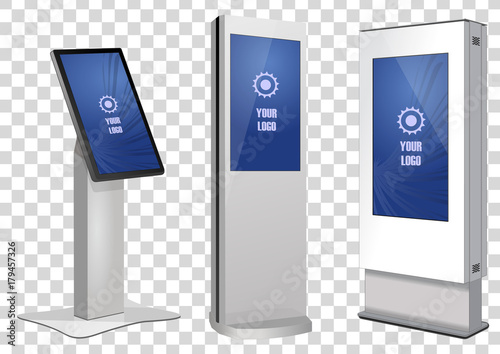 Three Promotional Interactive Information Kiosk, Advertising Display, Terminal Stand, Touch Screen Display isolated on transparent background. Mock Up Template.